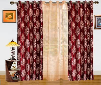 44% OFF on Dekor World Polyester Maroon, Beige Geometric Eyelet Curtain