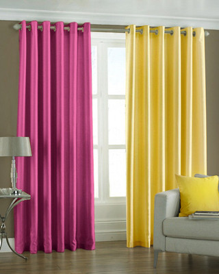 33% OFF on Pindia Polyester Pink, Yellow Solid Eyelet Curtain