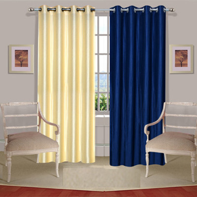 35% OFF on Handloomdaddy Polyester Beige, Dark Blue Floral Eyelet Curtain