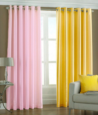 66% OFF on HomeZaara Polyester Pink, Yellow Solid Eyelet Curtain