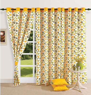 Swayam Cotton Green, Yellow, White Abstract Eyelet Curtain