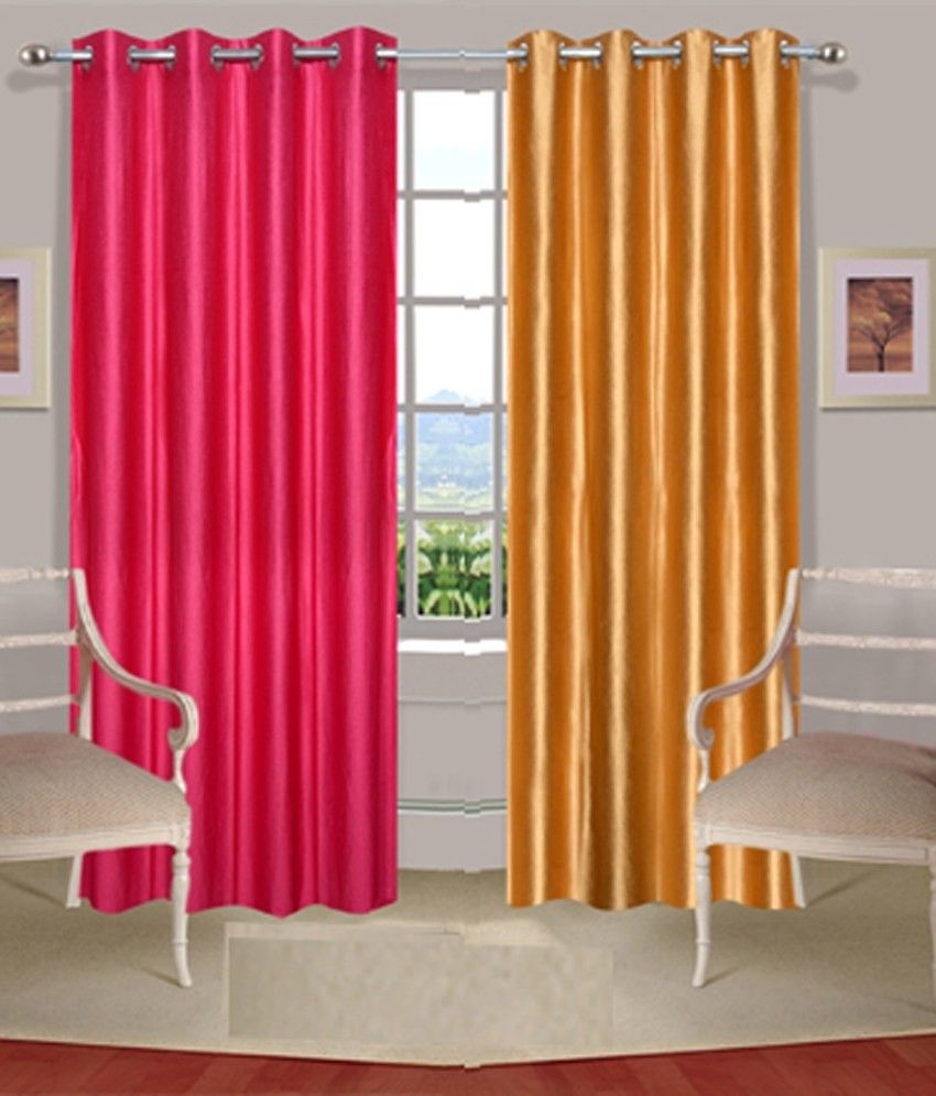 75% OFF on Fogg Polyester Pink, Gold Printed Tab Top Curtain