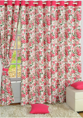 Swayam Cotton Beige, Pink, Green Floral Eyelet Curtain Swayam Cotton Beige, Pink, Green Floral Eyelet Curtain