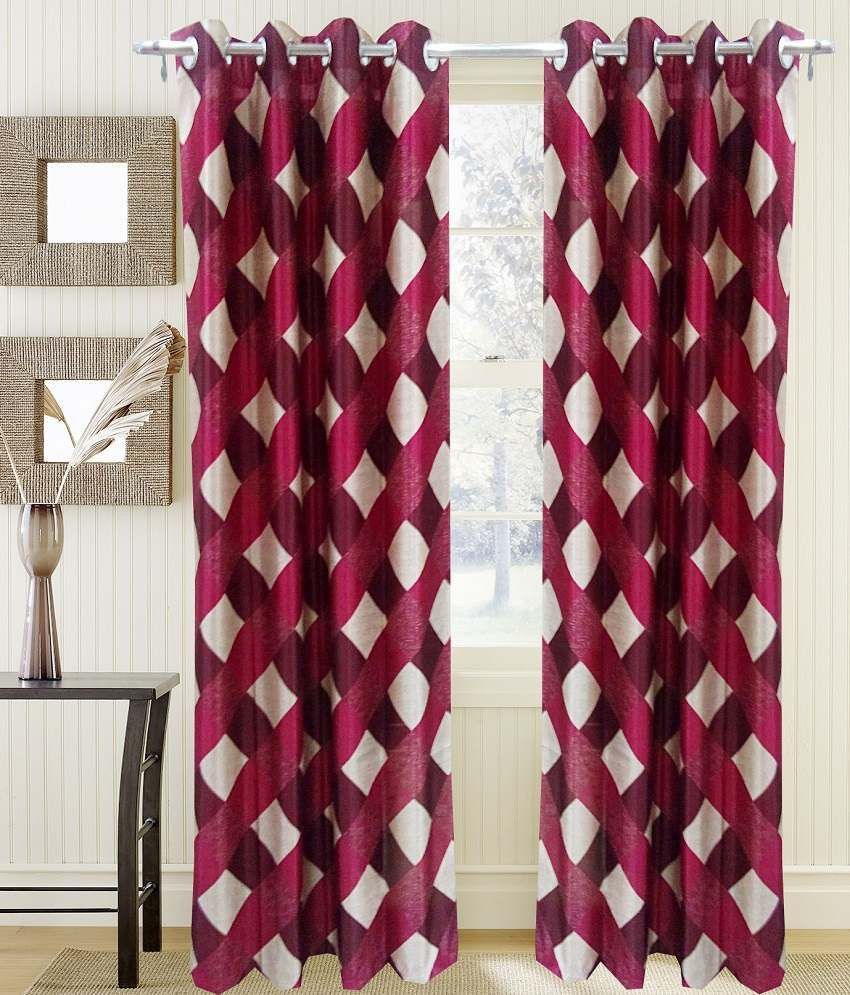 80% OFF on White Wave Polyester Check Maroon Printed Eyelet Curtain