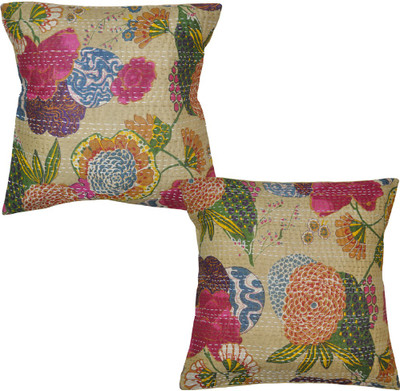 Lal Haveli Indian Handmade Cotton Printed Cushions Cover (Pack Of 2, 16 Cm*16 Cm, Beige)