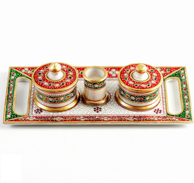 20% OFF on Aapno Rajasthan Hand - Painted White Marble Utility Container Set Stoneware Decorative Platter Multicolor, Pack of 4