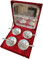 33% OFF on Craft India Elegant Silver Finish Bowl Set with Tray-9 Pcs Brass Decorative Platter Silver, Pack of 9