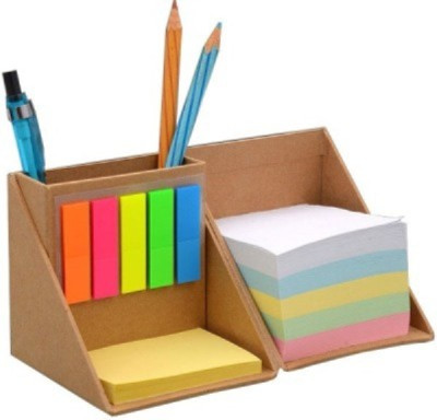Weltbild 3 Compartments Card Board Pen Stand With Sticky Notes (Brown)