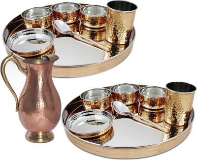Dungri India Craft Dinnerware Stainless Steel Copper Traditional Dinner Set Of 2 - Thali Plate, Bowls, Glass And Spoon (Dia 13 Inch) With 1 Embosed Pitcher Jug Pack Of 15 Dinner Set (Copper)