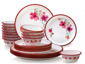 Nayasa Round Pink 24 Pcs Dinner Set - Polypropylene, White, Red