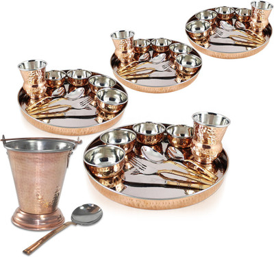 Dungri India Craft Dinnerware Stainless Steel Copper Traditional Dinner Set Of 4 - (Dinner Plate, Cutlery, Bowls, And Glass) With Serving Balti Bucket Pack Of 48 Dinner Set (Copper)