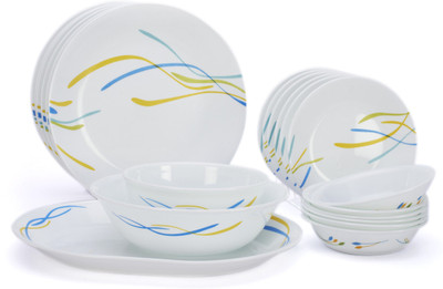 Corelle India Impressions Waves 21 Pcs Dinner Set 21-WAV-NDS - Glass, White, Blue, Yellow