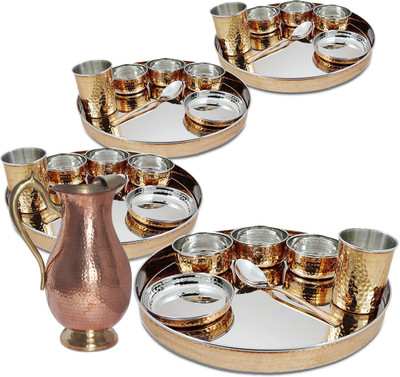 Dungri India Craft Stainless Steel Copper Traditional Dinner Set Of 4,Thali Plate, Bowls, Glass And Spoon (Dia 13 Inch) With 1 Embosed Pitcher Jug Pack Of 29 Dinner Set (Copper)