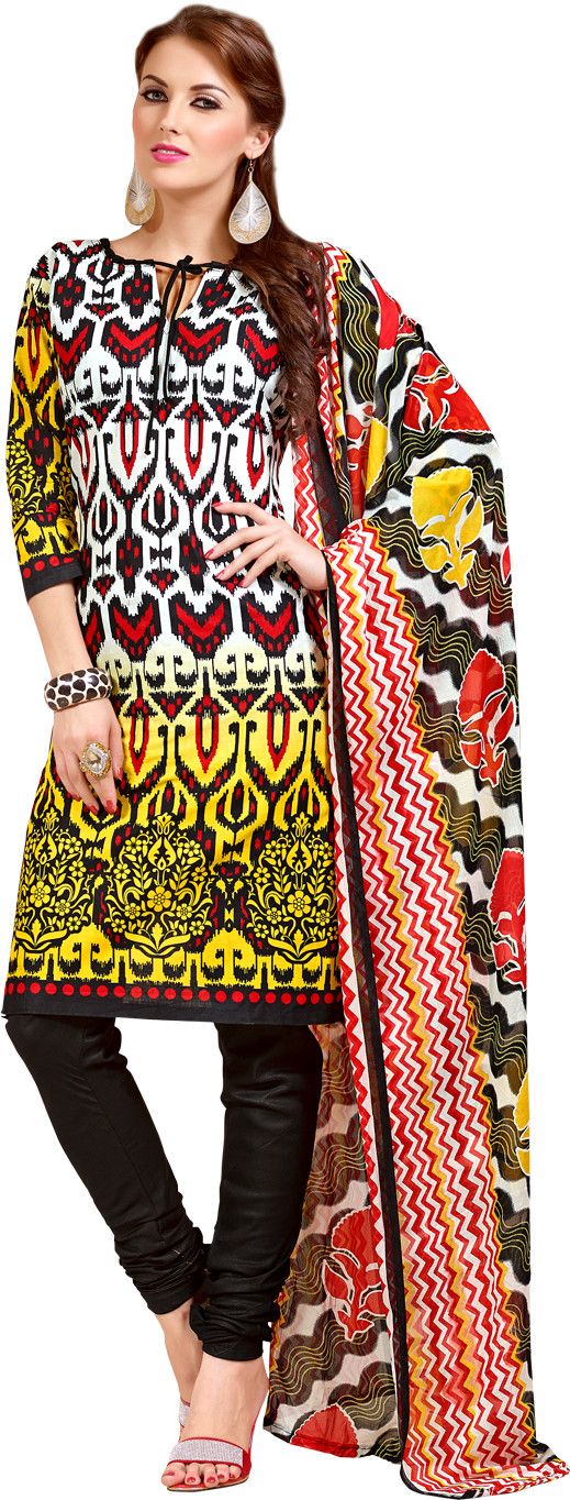 36% OFF on Hiva Cotton, Chiffon Geometric Print Semi-stitched Salwar Suit Dupatta Material Unstitched