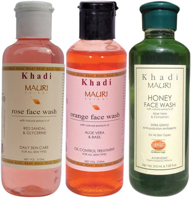 Khadi Mauri Ayurvedic Herbal Face Wash Combo Pack Of 3 Rose, Orange & Honey Natural & Organic 210 Ml Each Face Wash (630 Ml)