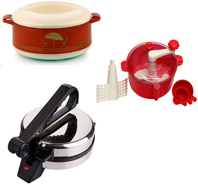 ECO SHOPEE COMBO OF NATIONAL ROTI MAKER, CASSEROLE AND RED DOUGH MAKER Roti/Khakhra Maker (Silver)