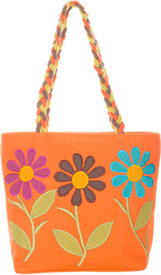 Jute Cottage 3 Flower Applique Work Shoulder Bag Orange Jute Cottage 3 Flower Applique Work Shoulder Bag Orange