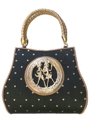 Bhamini Raw Silk with Round Tribal Brooch Hand-held Bag Black-01