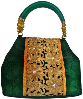 Bhamini Raw Silk Centre Cutwork Hand-held Bag Green-01 Bhamini Raw Silk Centre Cutwork Hand-held Bag Green-01