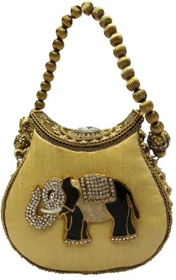Bhamini Metal and Raw Silk with Elephant Brooch Hand-held Bag Gold-01