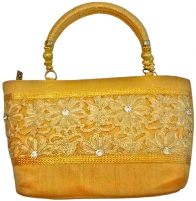 Bhamini Raw Silk Cutwork Hand-held Bag Gold-01
