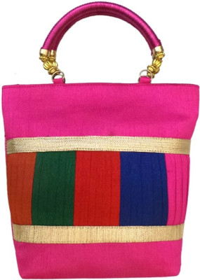 Bhamini Raw Silk with Multicolour Pleated Work Hand-held Bag Pink-01 Bhamini Raw Silk with Multicolour Pleated Work Hand-held Bag Pink-01