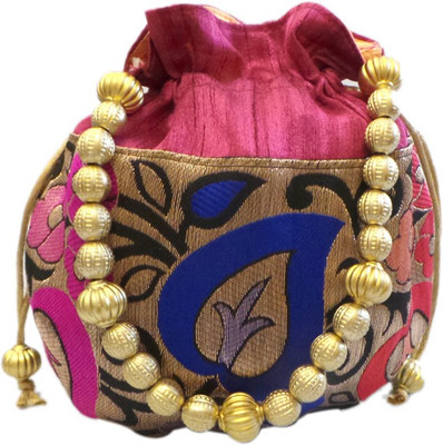 Bhamini Leaf Design Small Raw Silk Pink Pouch Potli Pink-01 Bhamini Leaf Design Small Raw Silk Pink Pouch Potli Pink-01