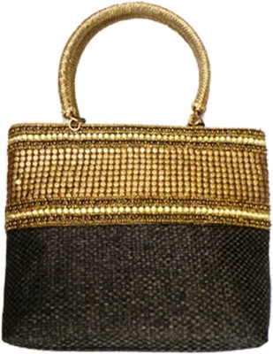 Bhamini Jute with Brass like sequin border Black Hand-held Bag Black-01