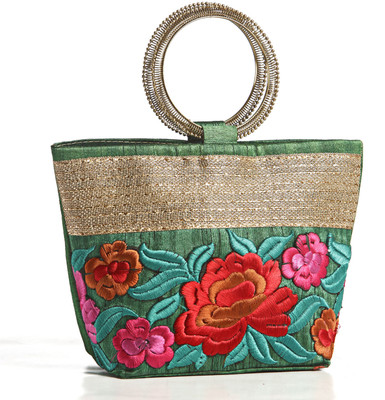 45% OFF on Aapno Rajasthan Raw Silk Bucket with Hoop Handle Hand-held Bag Green