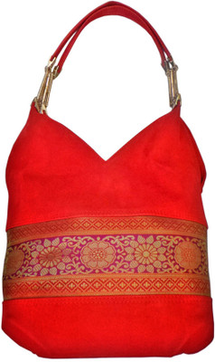 Bhamini Suede Zari Border Shoulder Bag Red
