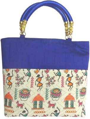 Bhamini Handle Tribal Print Warli Hand-held Bag Blue-01