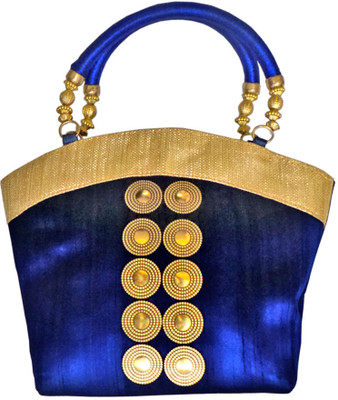 Bhamini Raw Silk Gold Coin Small Shape Hand-held Bag Blue-01