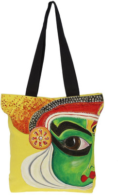 Pranil Designs Hand Painted Half Face Kathakali Tote Yellow Pranil Designs Hand Painted Half Face Kathakali Tote Yellow