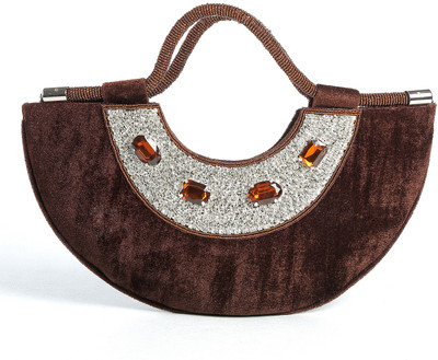 Aapno Rajasthan Velvet And Stone Crescent Moon Hand-held Bag - Deep Brown