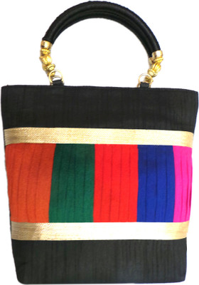 Bhamini Raw Silk with Multicolour Pleated Work Hand-held Bag Black-01