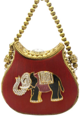 Bhamini Metal and Raw Silk with Elephant Brooch Hand-held Bag Maroon-01