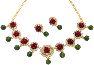 24% OFF on Pearls Cart Flower Coral Stone Studded Necklace Alloy Jewel Set Multicolor