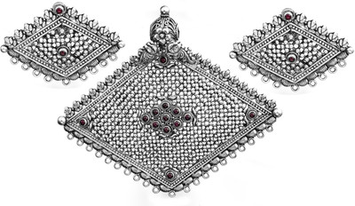 Exotic India Rhombus-Shape South Indian Temple Jewelry Sterling Silver Jewel Set Silver