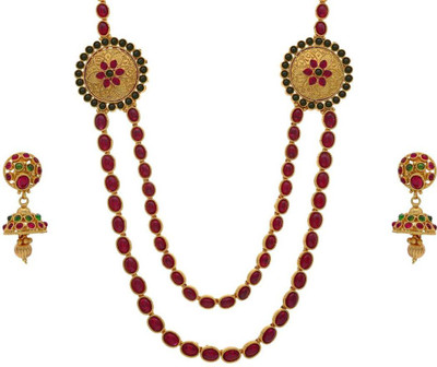 24% OFF on Pearls Cart Kempu Stone Studded Traditional Long Necklace Alloy Jewel Set Multicolor