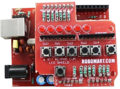 Robomart Arduino Board (Atmega 8-L) With 6 Bit Keypad & Led Shield Robomart Arduino Board (Atmega 8-L) With 6 Bit Keypad & Led Shield