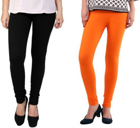 StudioRavel Women's Black, Orange Leggings Pack Of 2