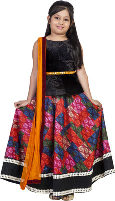 K&U Graphic Print Girl's Lehenga, Choli and Dupatta Set