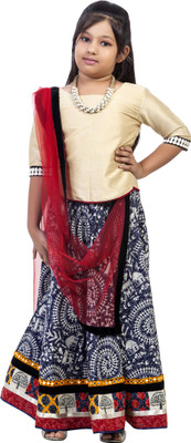 K&U Graphic Print Girl's Lehenga, Choli and Dupatta Set