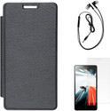DMG Premium PU Leather Flip Cover for Lenovo A6000 Plus , Black Earphones and Screen Guard Combo Set