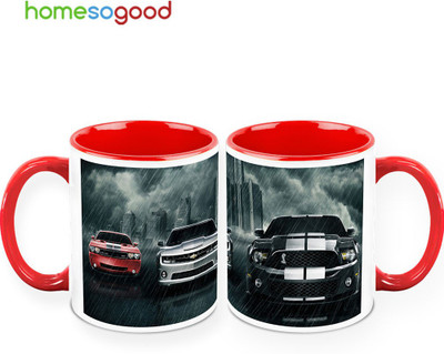 37% OFF on HomeSoGood Speedy Cars On QTY 2 Ceramic Mug 325 ml, Pack of 2