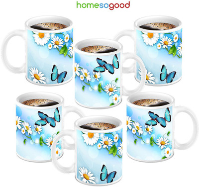 49% OFF on HomeSoGood Lovely Butterfly's Blossom Ceramic Mug 280 ml, Pack of 6