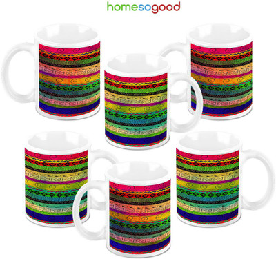 49% OFF on HomeSoGood Beautiful Contrasting Lines Ceramic Mug 325 ml, Pack of 6