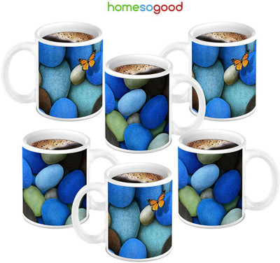 49% OFF on HomeSoGood Butterfly On Stones Coffee Ceramic Mug 280 ml, Pack of 6