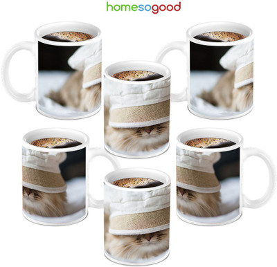 49% OFF on HomeSoGood Cute Cat In Hat on Coffee Ceramic Mug 280 ml, Pack of 6