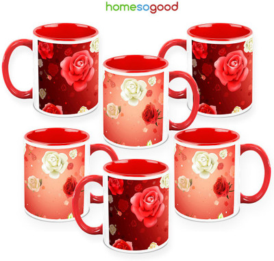 41% OFF on HomeSoGood Lovely Roses QTY 6 Ceramic Mug 325 ml, Pack of 6
